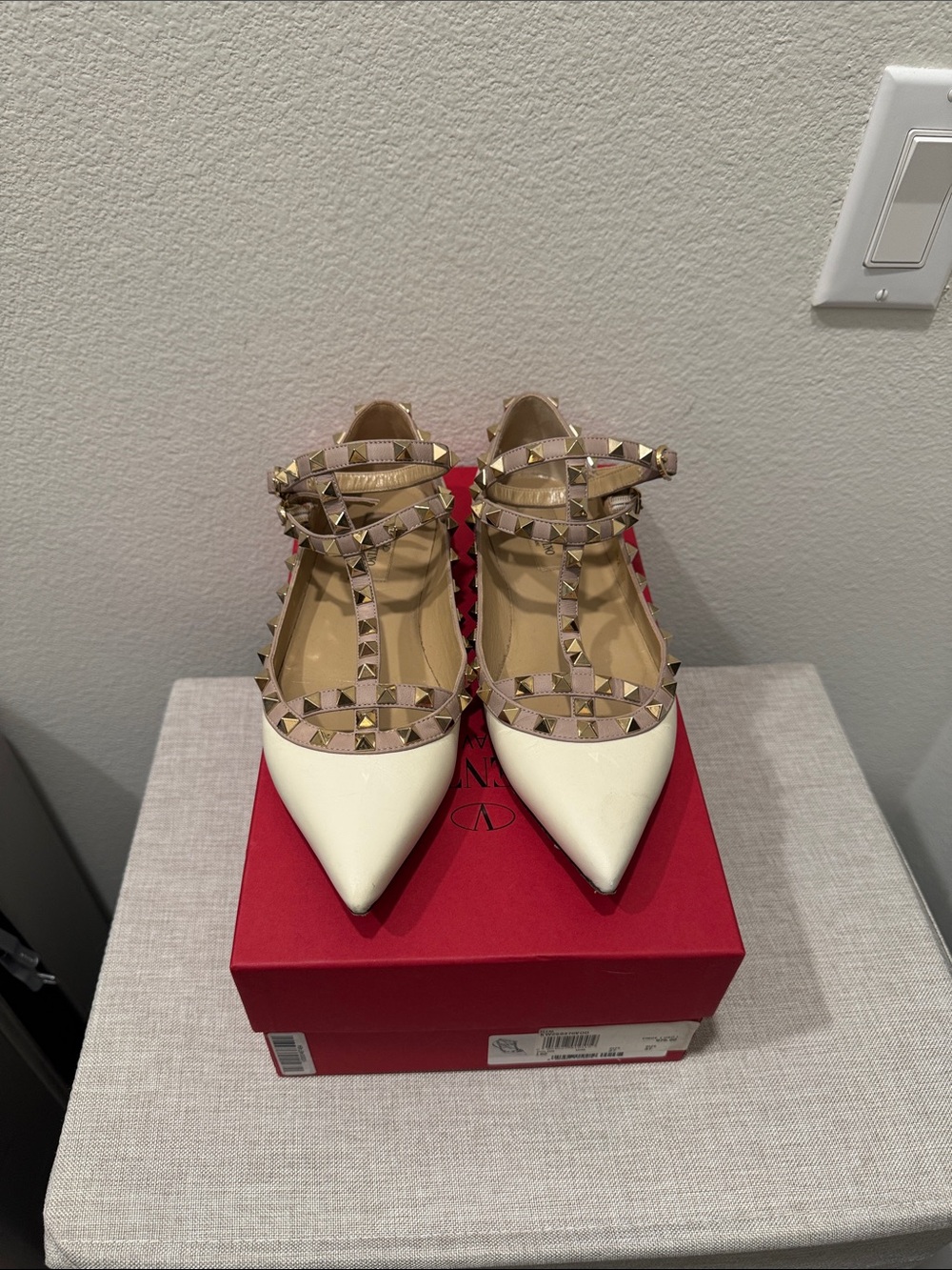 Valentino Ivory Pointed Rockstud T-Strap Flats